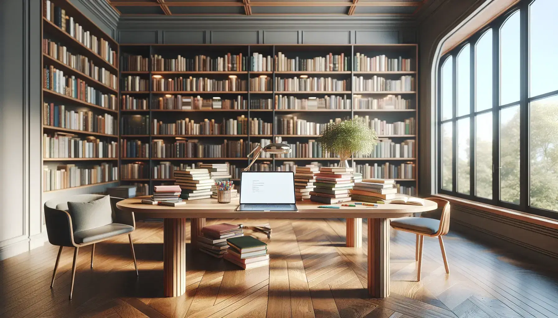 Biblioteca acogedora con estanterías de madera oscura llenas de libros, mesa central con libros abiertos y laptop, planta decorativa y silla con cojín azul bajo ventana iluminada.