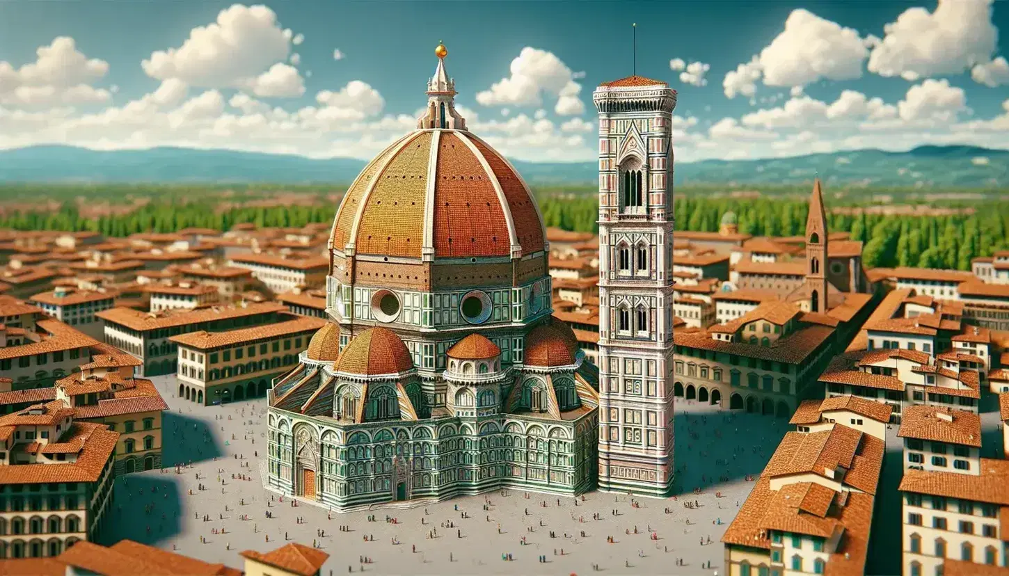 Veduta panoramica del Duomo di Firenze con la cupola di Brunelleschi e il campanile di Giotto, cielo azzurro e dettagli architettonici colorati.