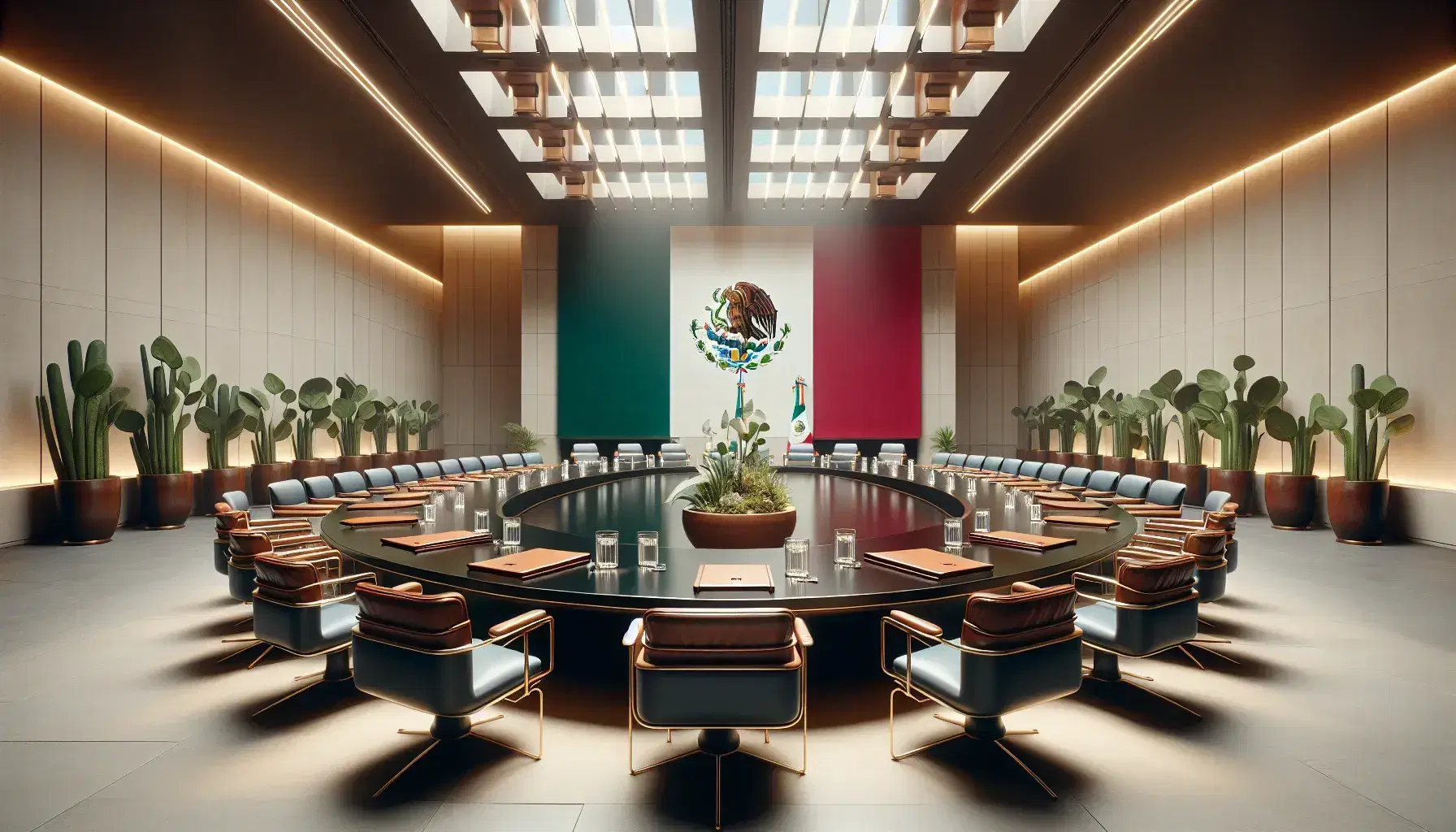 Sala de reuniones formal con mesa ovalada de madera, sillas azules, bandera de México y escultura metálica abstracta.