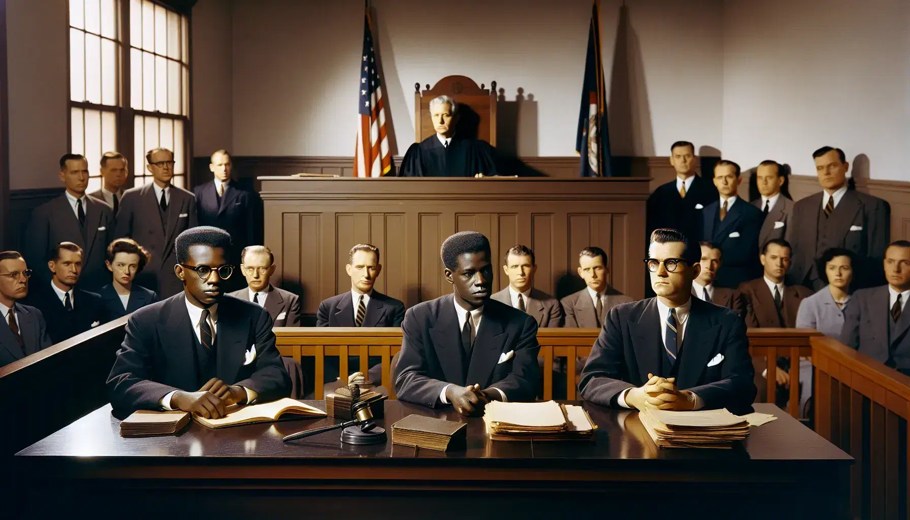 Mid-20th century courtroom scene with three concentrated black lawyers, American flag in the background, and attentive audience.