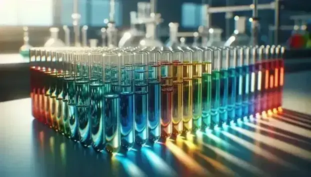 Serie di provette in vetro con liquidi colorati arcobaleno su banco laboratorio scientifico, sfondo sfocato con strumenti da laboratorio.