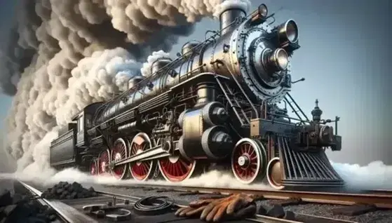 Classic steam locomotive with black boiler, shiny metal pistons, wheels with red edges and white steam on blue sky, work gloves and coal in the foreground.