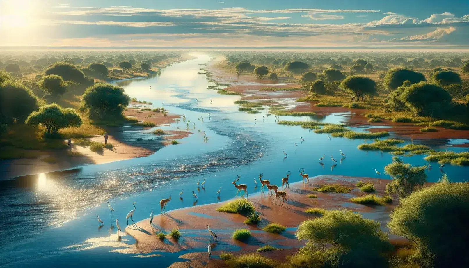 Fiume serpeggiante in pianura con cervi e aironi sulle rive, persone in lontananza e vegetazione rigogliosa sotto cielo azzurro.