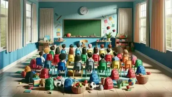 Studenti multietnici seduti in cerchio su sedie colorate in aula, con oggetti didattici vari, finestre luminose e lavagna verde vuota.