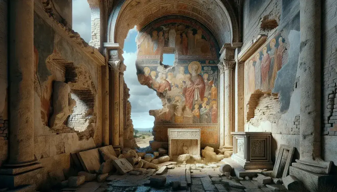 Basilica cristiana antica in rovina con affreschi sbiaditi, altare di pietra, statua imperiale danneggiata e bassorilievo di vita quotidiana.