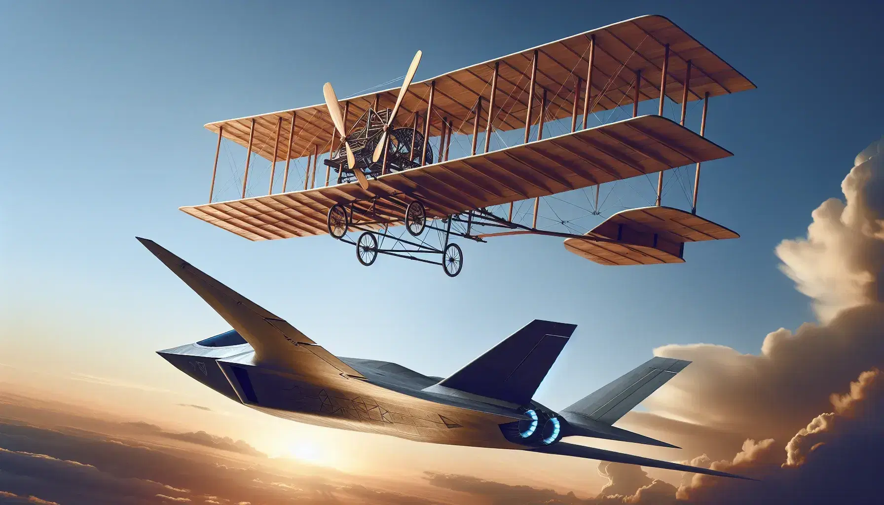 Wright brothers' 1903 Flyer alongside a modern stealth fighter jet, illustrating the evolution of aviation technology against a blue sky.