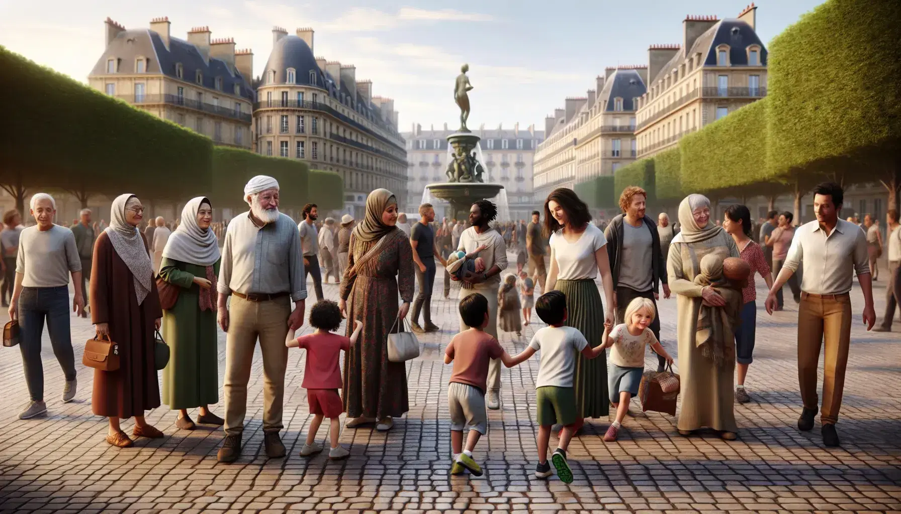 Diverse group of people interacting in a French city square with Haussmann-style buildings, a fountain, and lush greenery on a sunny day.