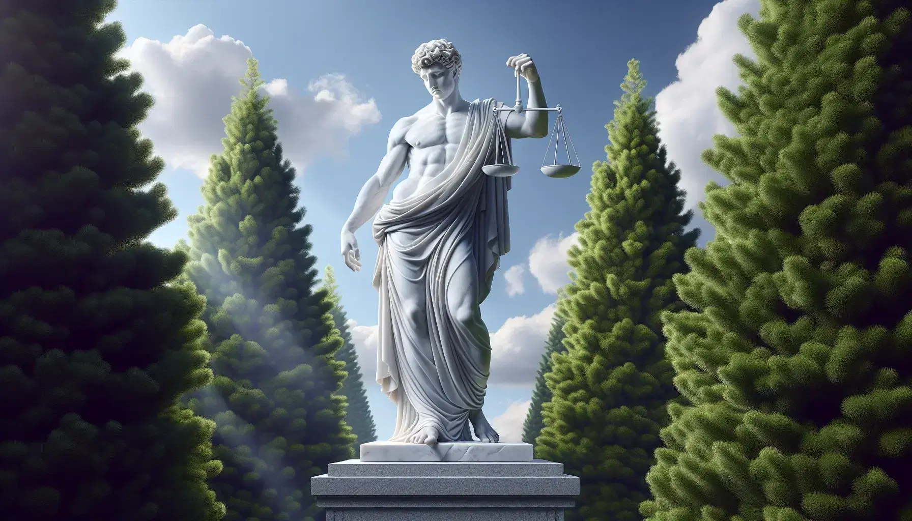 Escultura de mármol blanco de hombre con toga sosteniendo balanza equilibrada, de pie sobre pedestal de piedra gris bajo cielo azul con nubes y flanqueado por árboles perennes.
