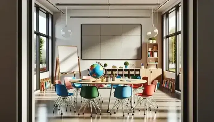 Aula scolastica colorata con tavolo ovale, sedie ergonomiche multicolore, lavagna bianca, armadio in legno, carrello con materiali didattici e modelli anatomici.