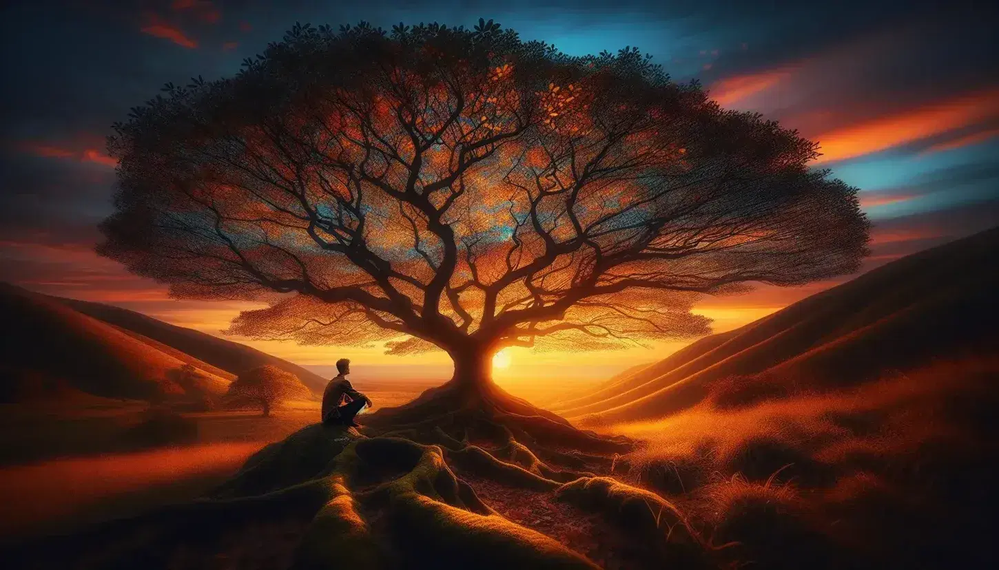 Paesaggio naturale al tramonto con albero solitario dai rami robusti e foglie giallo-rosse, uomo seduto su roccia e colline in lontananza.