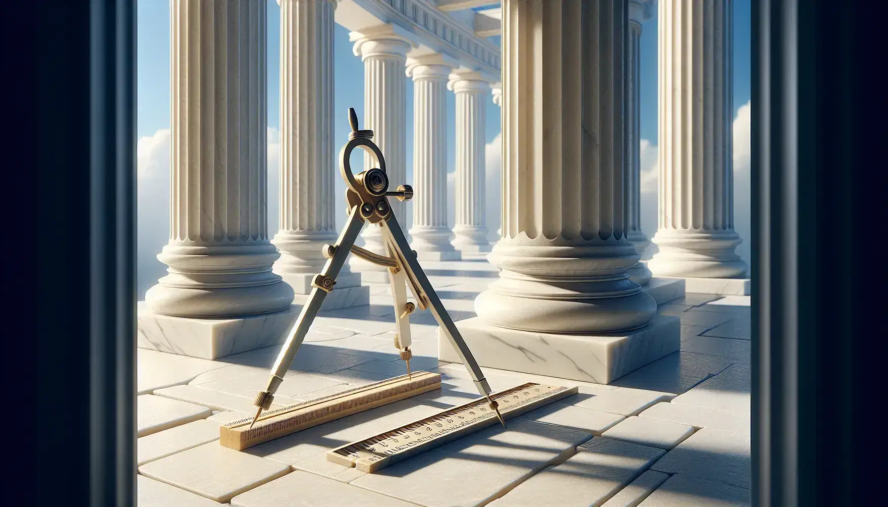 White marble Doric columns of an ancient Greek temple with brass compass and wooden ruler on stone slab, blue sky in background.