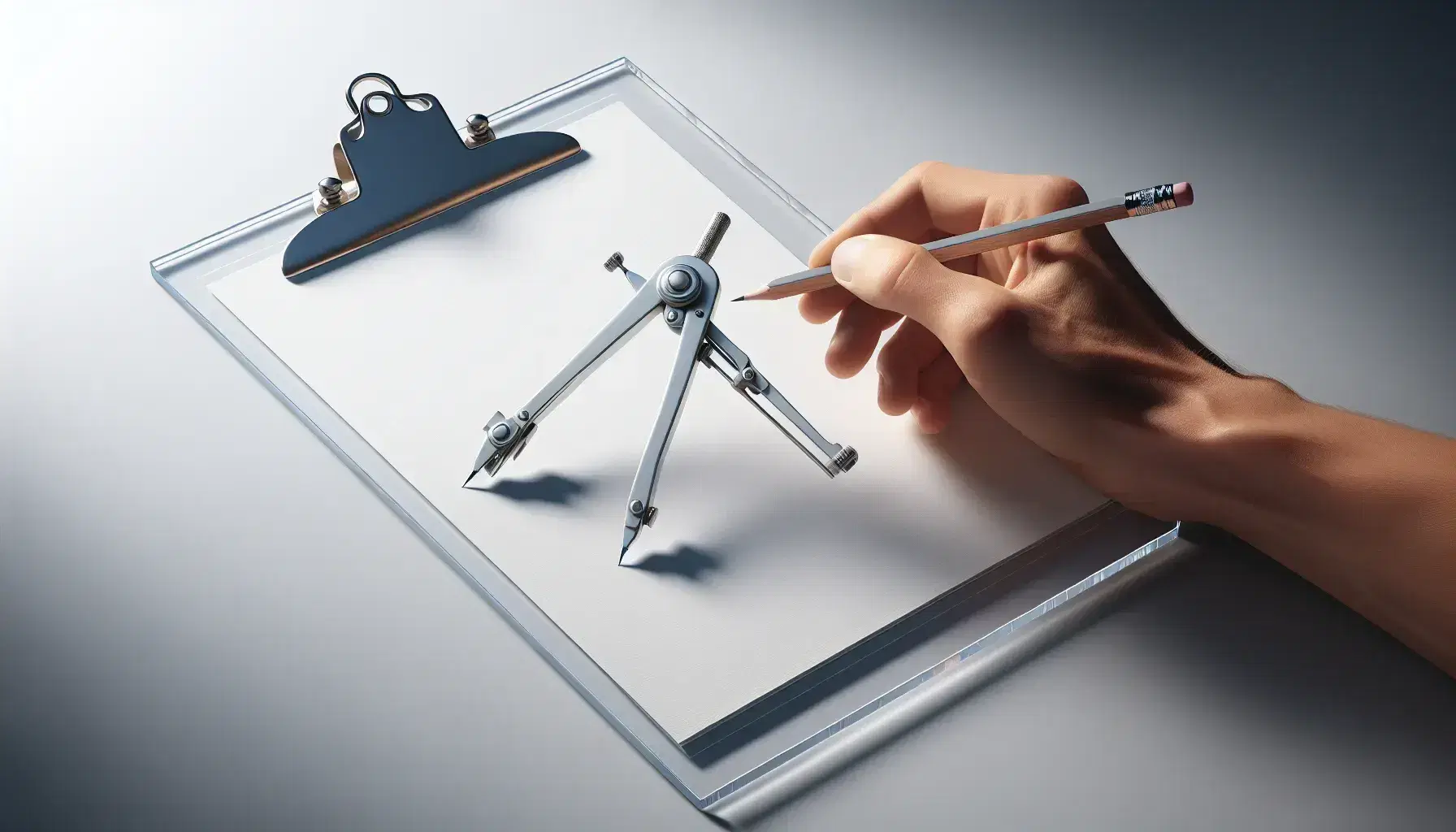 Hand holding transparent acrylic clipboard with blank paper and silver compass ready to draw circle, against a light grey background.