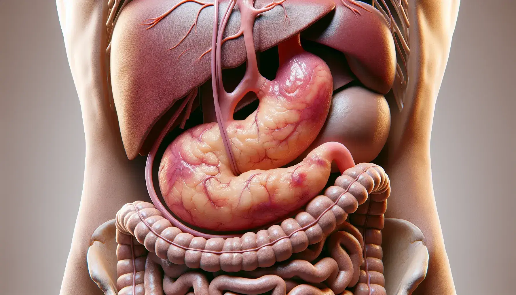 Rappresentazione anatomica del pancreas umano in posizione naturale dietro lo stomaco traslucido, con duodeno e parte del fegato visibili.