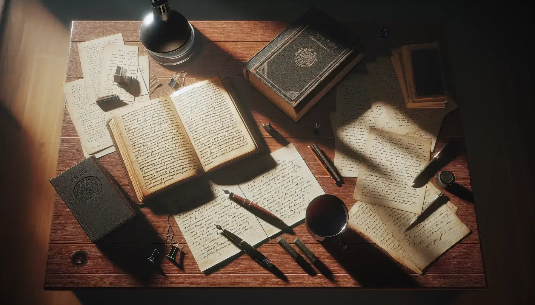 Writer's desk with open book, notepad, fountain pen, coffee cup, glasses, and potted plant, illuminated by a warm desk lamp.