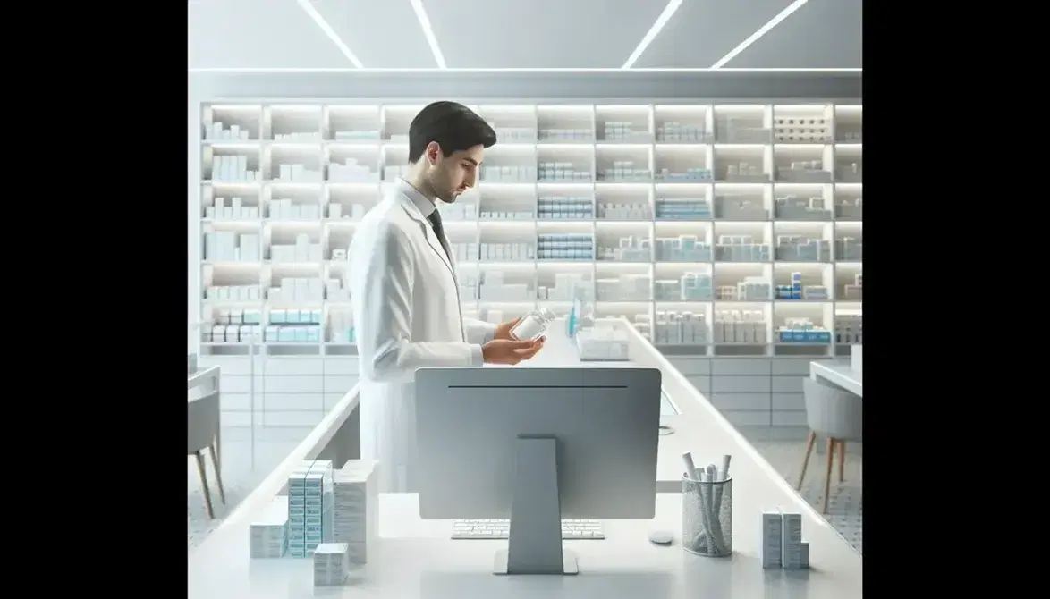 Farmacia moderna y ordenada con farmacéutico examinando un frasco de medicina y colega trabajando en computadora, estantes llenos de productos al fondo.