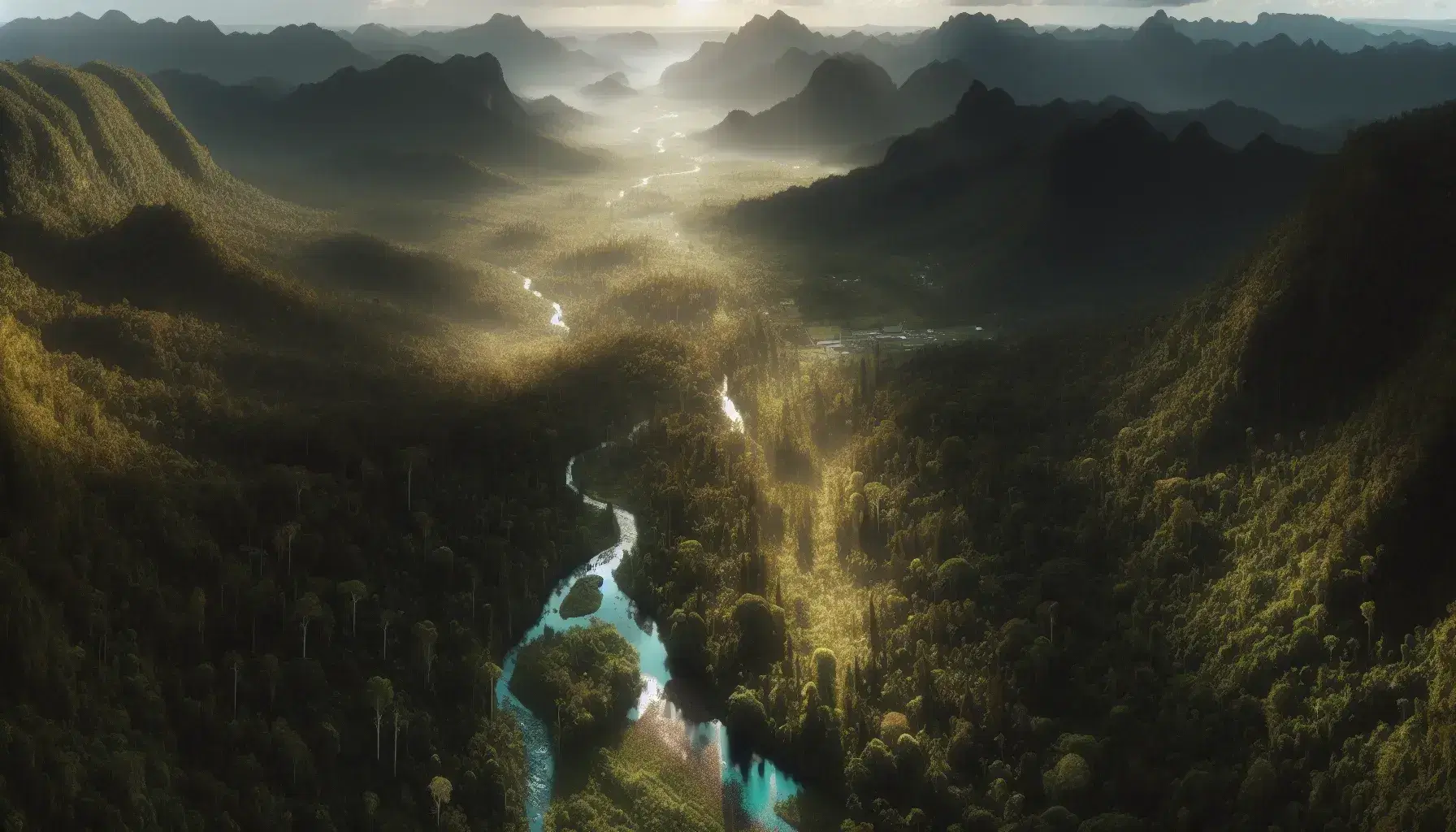 Vista aérea de un bosque frondoso con río serpenteante, diversidad de árboles en tonos verdes y montañas al fondo bajo una ligera niebla.