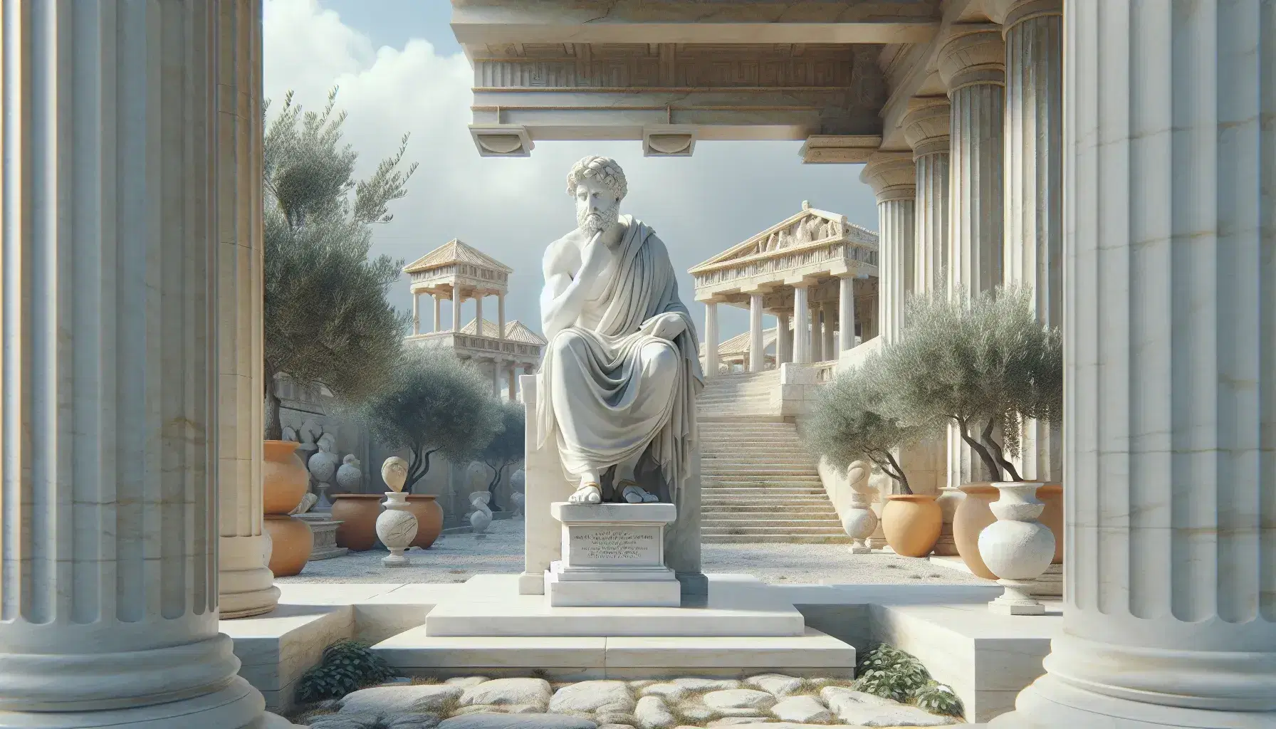Statua in marmo di filosofo greco in toga su piedistallo, circondata da colonne e piante mediterranee, con sfondo di architetture greco-orientali.