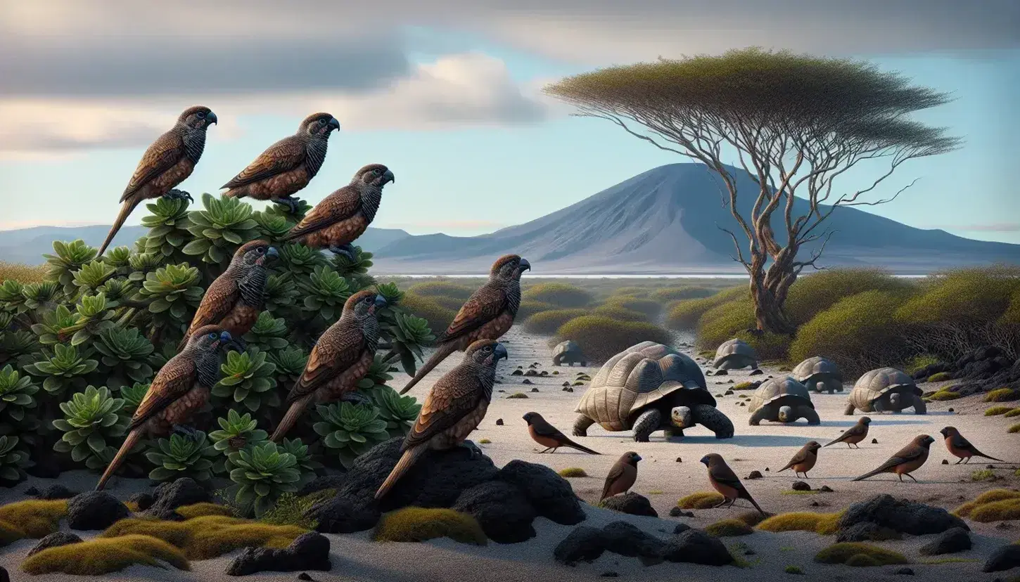 Pinzones de Galápagos con variación en picos posados en arbusto, tortuga gigante en fondo arenoso y paisaje volcánico con cielo azul.