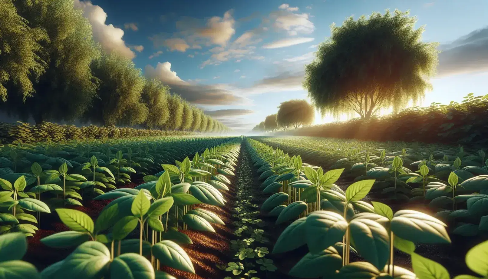 Campo de cultivo de leguminosas con hileras de plantas verdes bajo un cielo azul con nubes dispersas y un árbol solitario a la derecha.