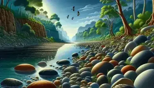 Río serpenteante con piedras redondeadas y vegetación densa en un valle, bajo un cielo azul con aves volando.