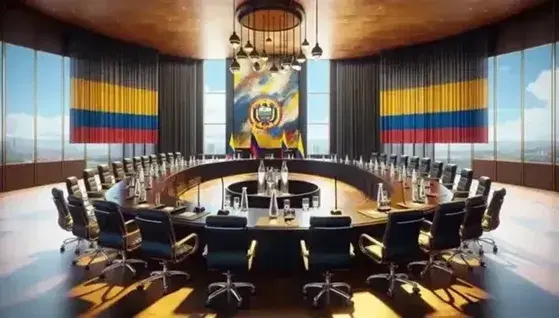 Sala de conferencias iluminada con mesa ovalada de madera, sillas de cuero negro, micrófonos, bandera de Colombia y pintura abstracta.