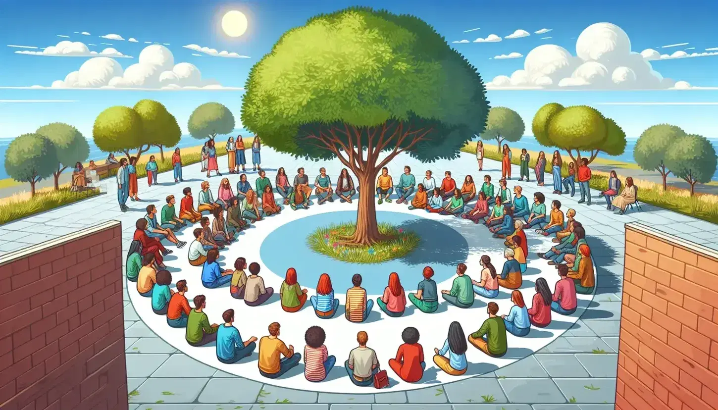 Grupo diverso de personas reunidas al aire libre en círculo bajo un árbol frondoso, en un ambiente de inclusión y atención mutua, sin marcas visibles.