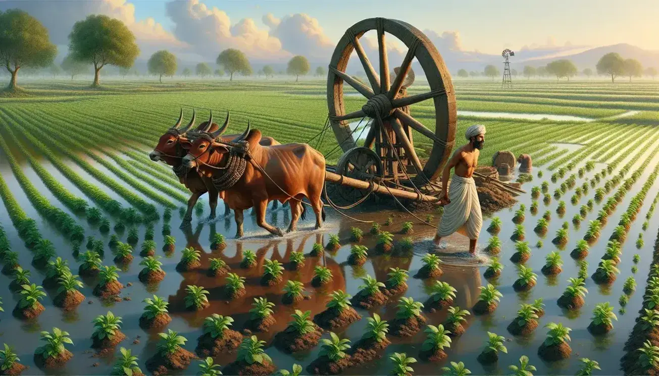 Lush green agricultural field with oxen pulling a wooden plow, a plowman in traditional attire, a Persian wheel near a pond, and farmers working in the background.