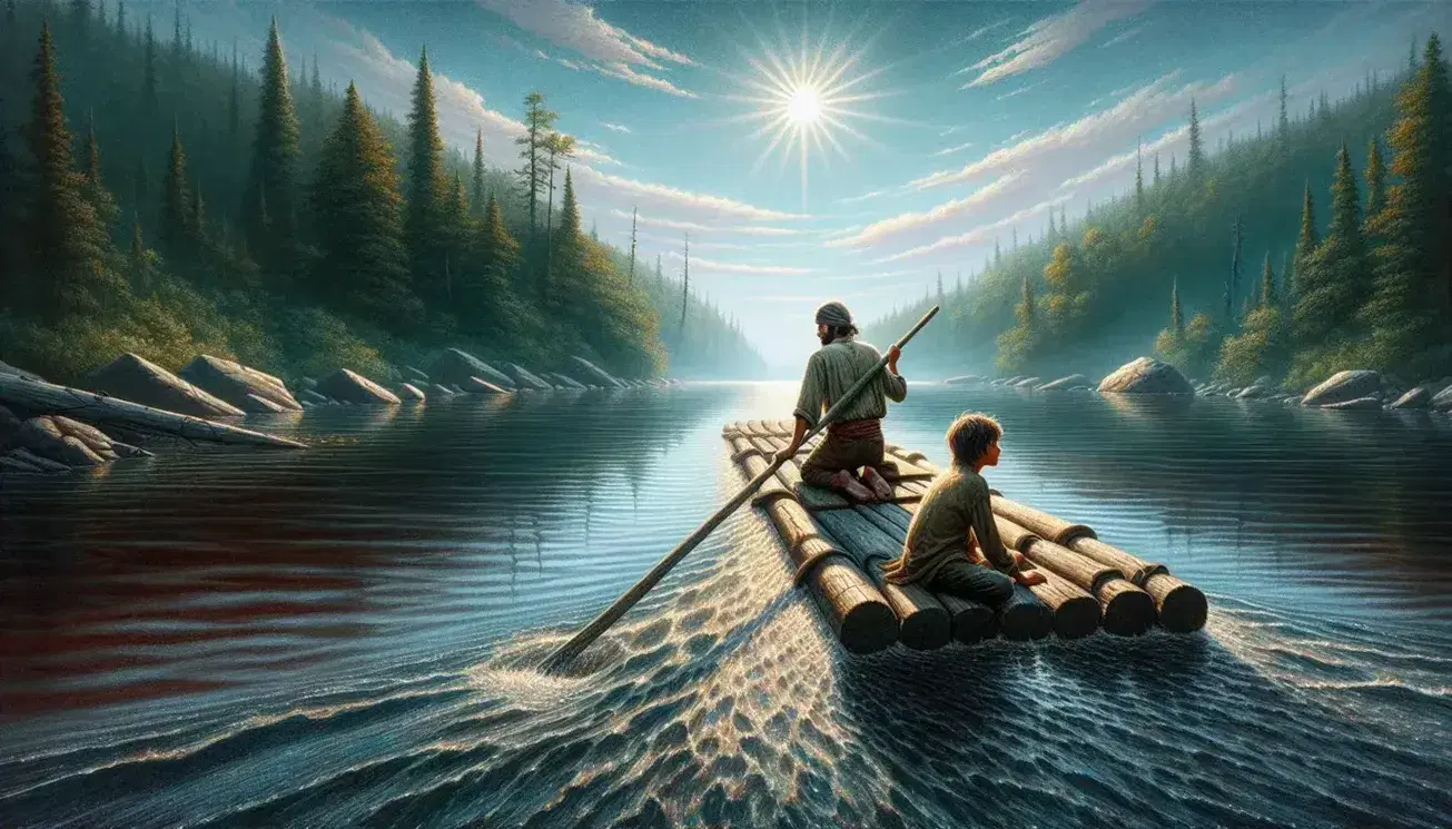 Wooden raft with a boy and man aboard floats on a serene river flanked by lush trees under a cloudless sky, reflecting nature's calmness.