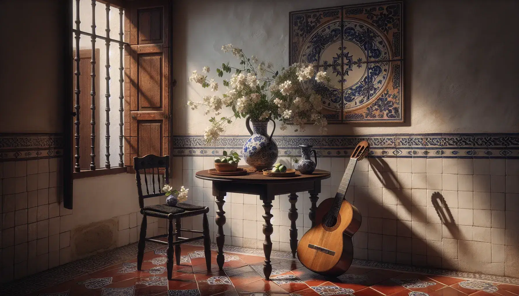 Escena de habitación al estilo español antiguo con mesa de madera oscura, abanico cerrado, jarra cerámica azul y blanca con flores, y guitarra española apoyada en la pared iluminada por luz natural.