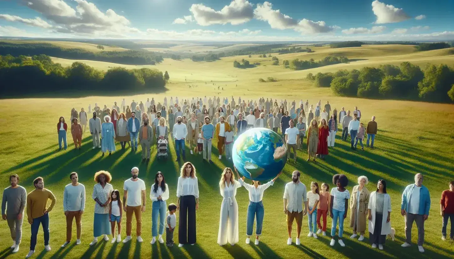 Grupo diverso de personas de diferentes edades y etnias al aire libre, mirando con interés un globo terráqueo sostenido por una mujer, en un día soleado con cielo azul y naturaleza verde.