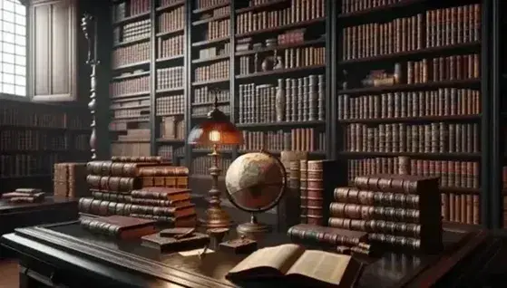 Biblioteca antica con scrivania in legno scuro, volumi rilegati, globo terrestre e lampada, in un'atmosfera storica e accogliente.
