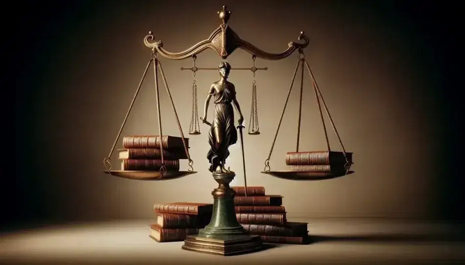 Bilancia antica in equilibrio con statuetta della Giustizia su un piatto e libri impilati sull'altro, su sfondo neutro.