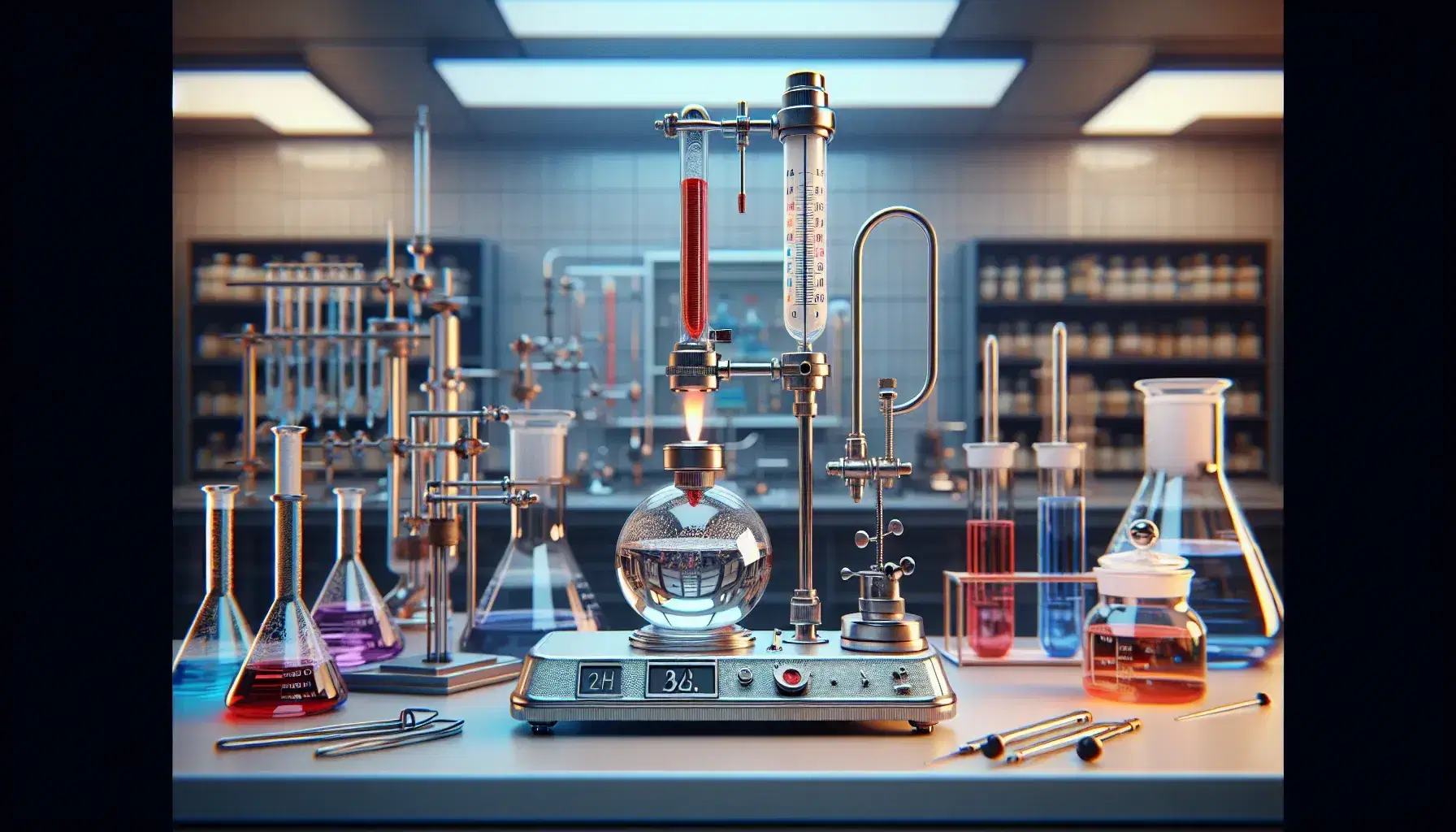 Laboratorio científico con termómetro en contenedor metálico, cilindro con gas y manómetro en U, quemador Bunsen calentando un Erlenmeyer y estantes con frascos de líquidos coloridos.