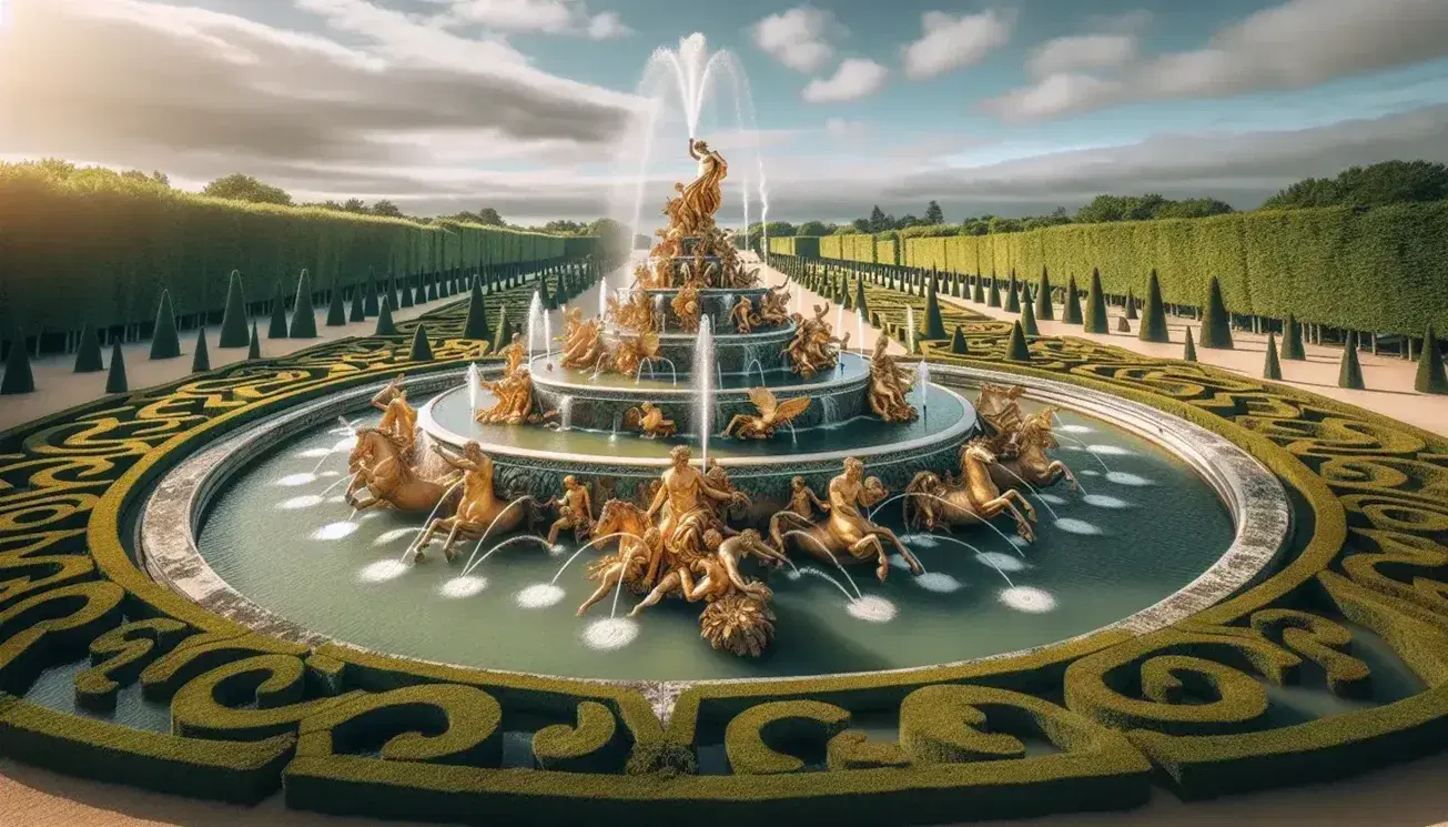 Fontana dorata con sculture mitologiche nei giardini di Versailles, circondata da getti d'acqua e siepi geometriche sotto un cielo azzurro.