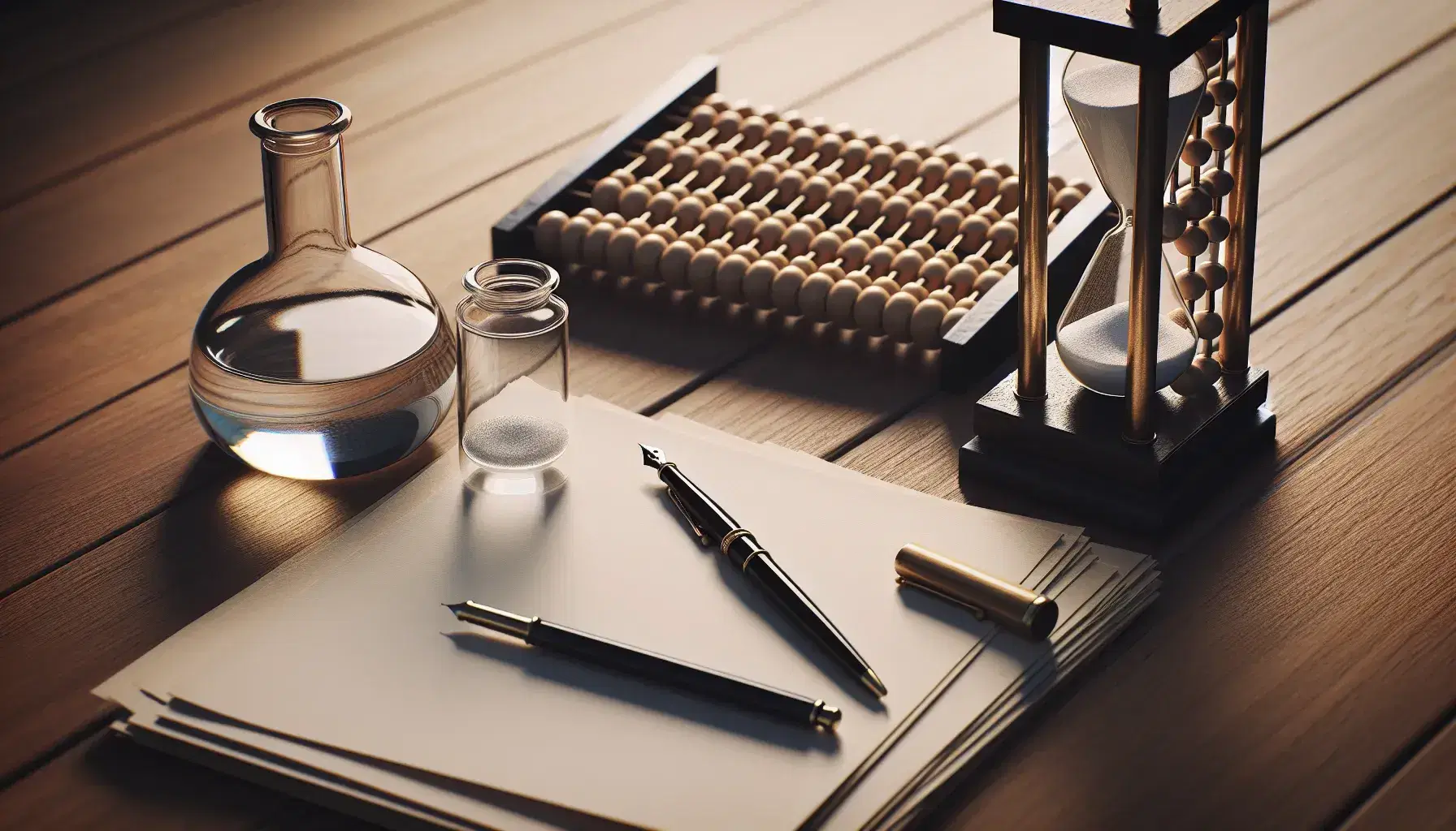 Close-up of a wooden table with glass flask, stack of blank papers with fountain pen, vintage hourglass and wooden abacus.