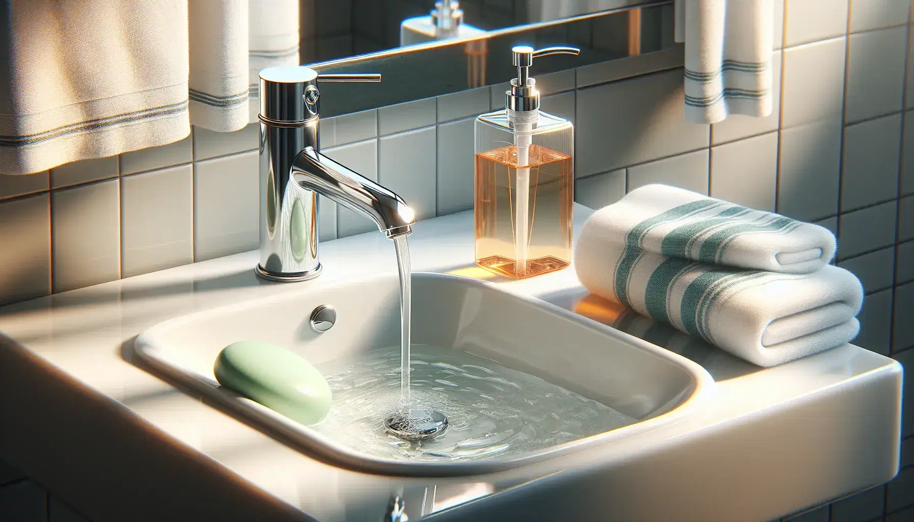 Grifo de metal cromado con agua fluyendo en lavabo blanco, jabón sólido verde y toalla de algodón a rayas junto a dispensador de jabón líquido ámbar.