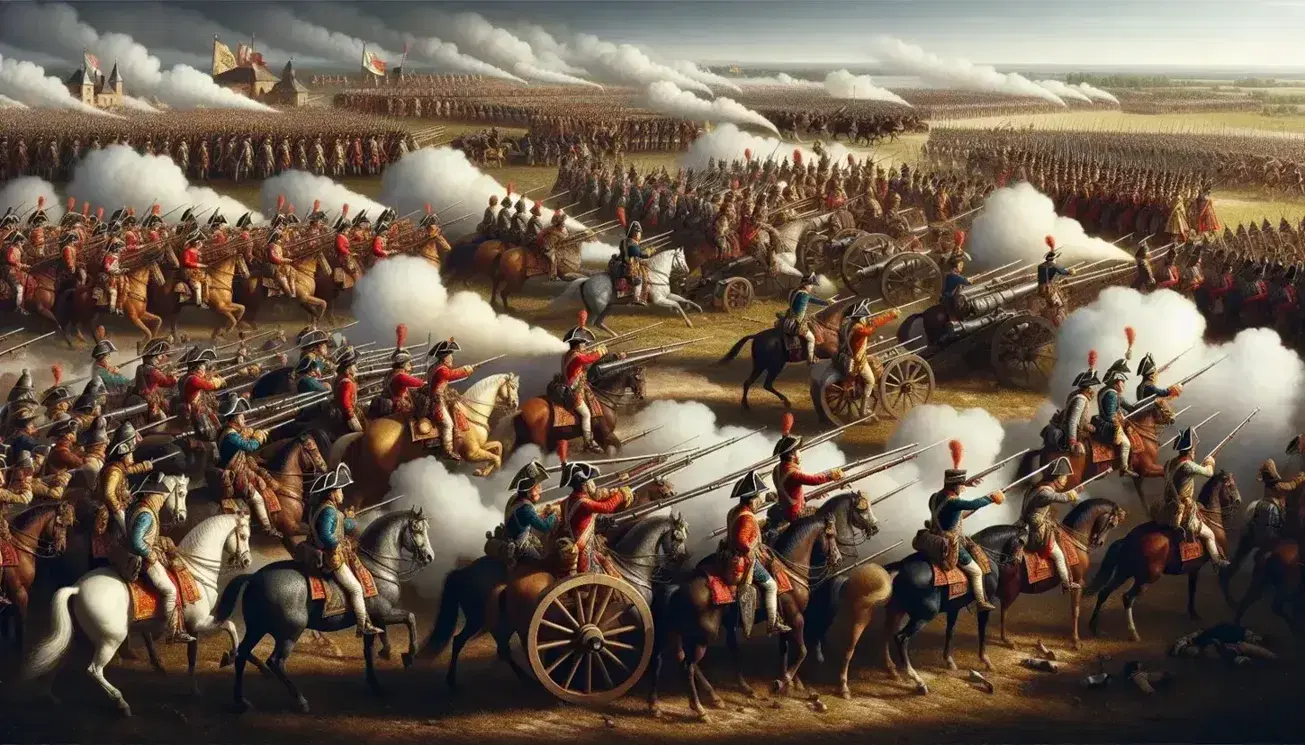Panoramic 17th-century battlefield scene with soldiers in red and blue uniforms firing muskets, cannons in action, and cavalry charging on a clear day.