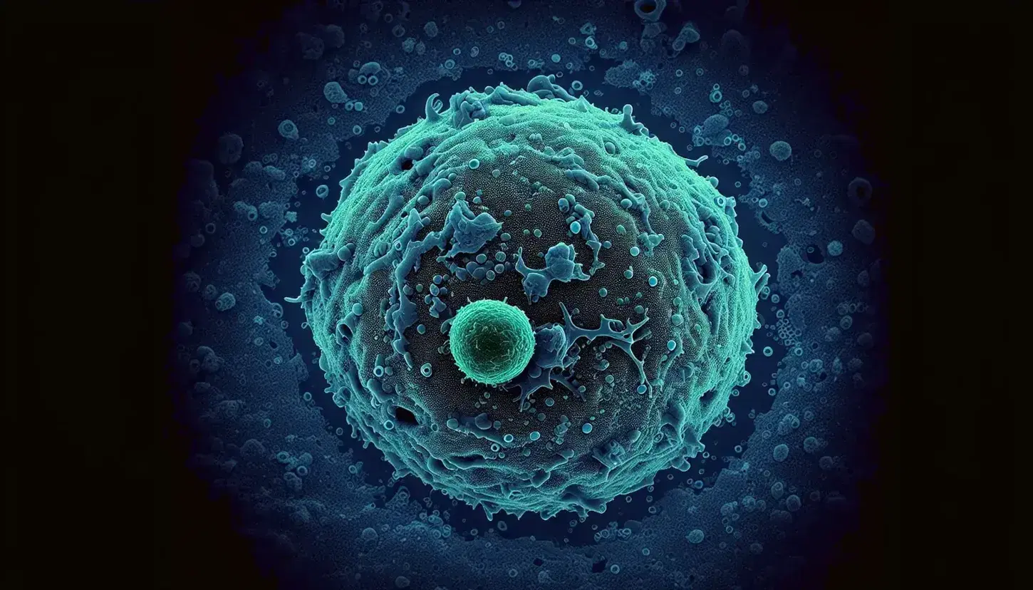 Micrografía electrónica colorizada de un neutrófilo granulocito con superficie lobulada y extensiones citoplasmáticas interactuando con partículas en fondo azul oscuro.