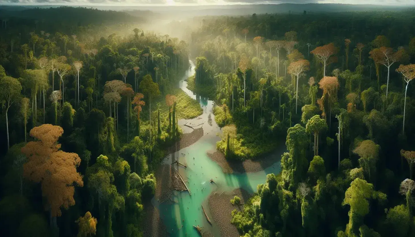 Bosque denso con río serpenteante, cielo reflejado en el agua, ciervos y aves en su hábitat natural, y personas caminando por sendero.