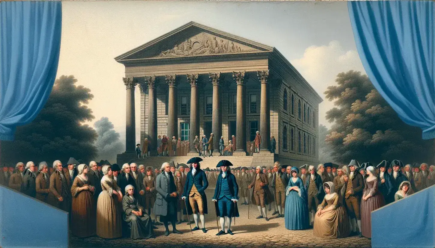Late 18th-century French scene with diverse social classes, a man in a tricorn hat, neoclassical building with Corinthian columns, and a large leafy tree.