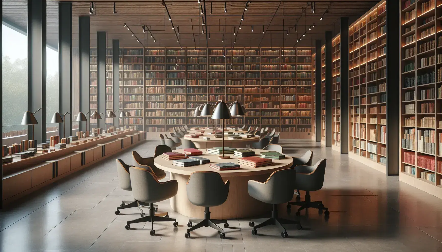 Sala lettura moderna con tavolo in legno, sedie ergonomiche grigie, scaffali colmi di libri rilegati e postazioni individuali illuminate da luce naturale.