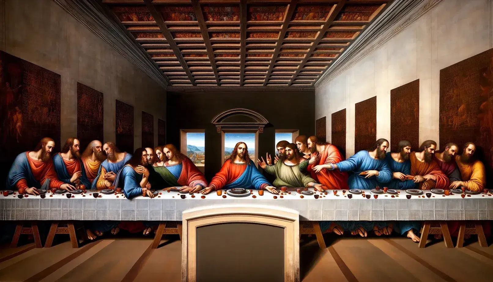 Riproduzione fotografica dell'affresco "L'Ultima Cena" di Leonardo da Vinci con tredici figure attorno a un lungo tavolo, sotto arcate che si affacciano su un paesaggio.