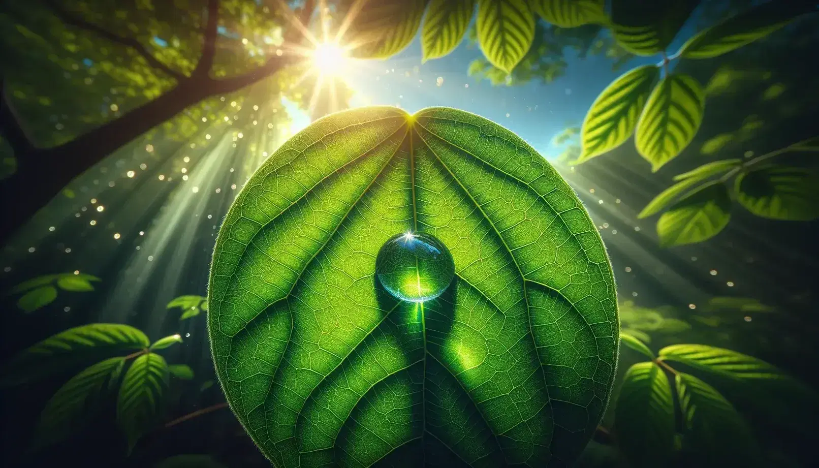 Foglia verde brillante con goccia d'acqua al centro, riflessi solari e sfondo sfocato di cielo azzurro e alberi.