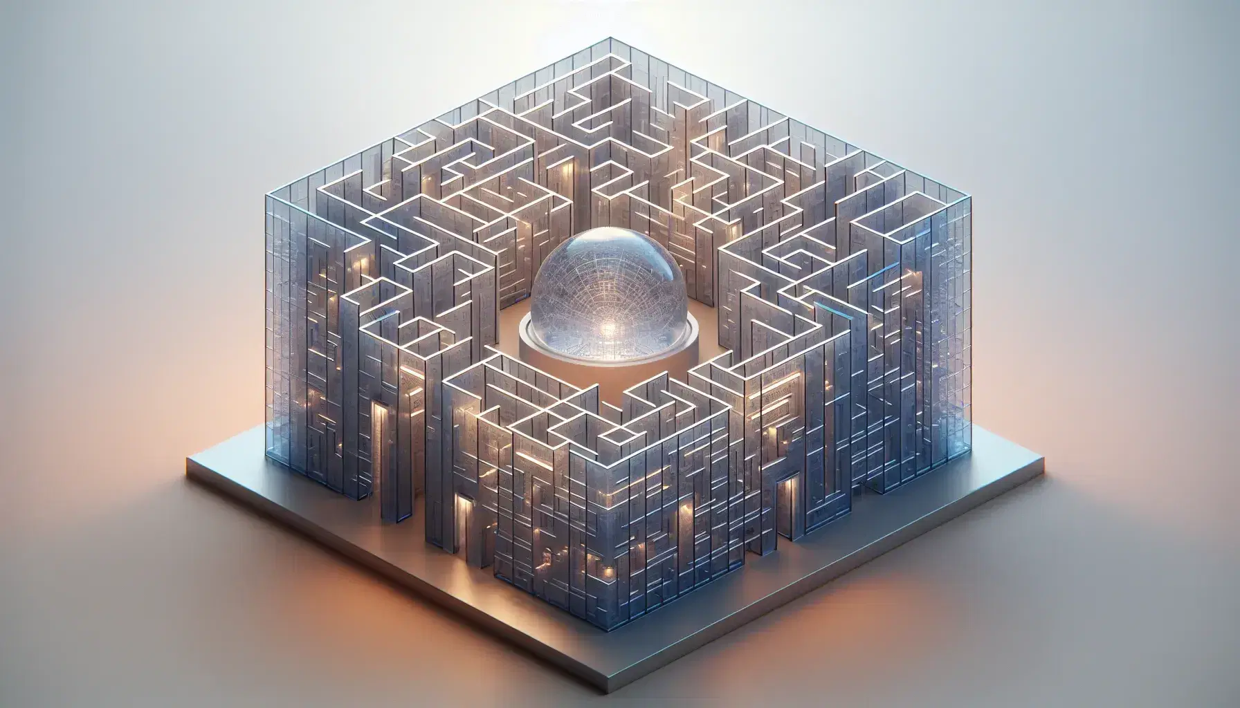 Three-dimensional maze with translucent walls and paths illuminated in shades of blue to orange, with a glowing sphere in the center.