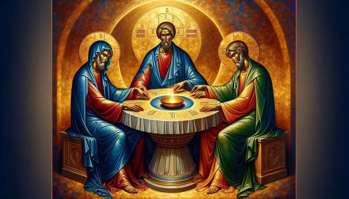 Icona bizantina artistica della Trinità con tre figure in abiti colorati attorno a un tavolo circolare su sfondo dorato.
