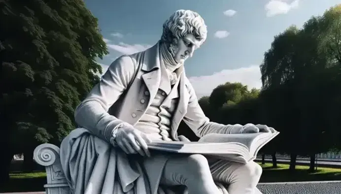 Statua in marmo bianco di figura storica seduta con libro aperto, abbigliamento d'epoca, sotto cielo azzurro con alberi verdi.
