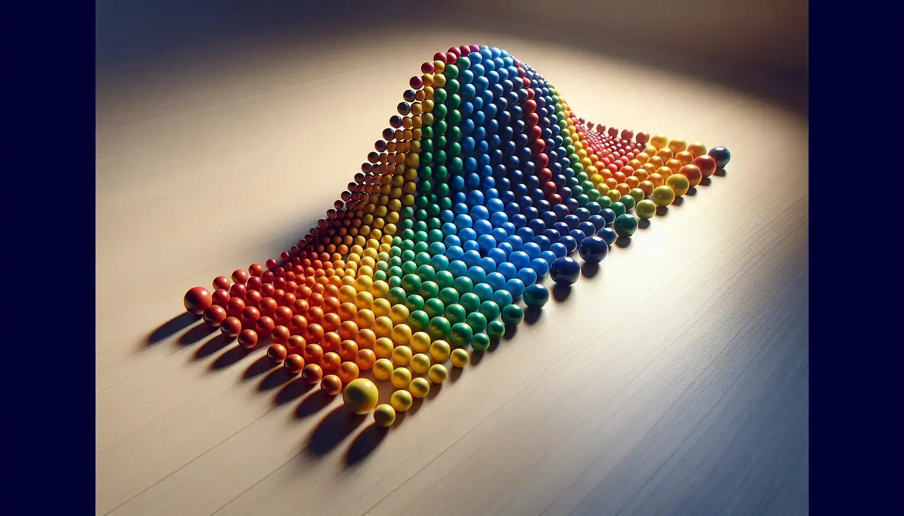 Esferas de colores formando una curva de distribución normal sobre superficie neutra, con reflejos de luz que resaltan su disposición y tonalidades.