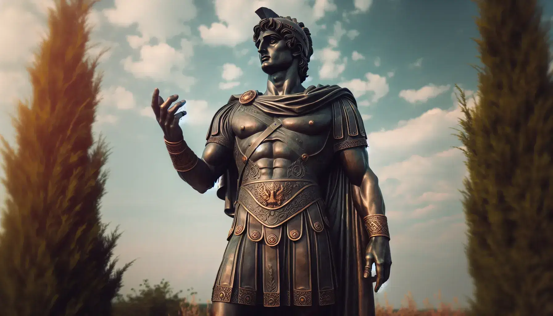 Statua in bronzo di uomo in armatura macedone con elmo crestato, posa maestosa, mano alzata, su piedistallo, sfondo sfocato naturale.