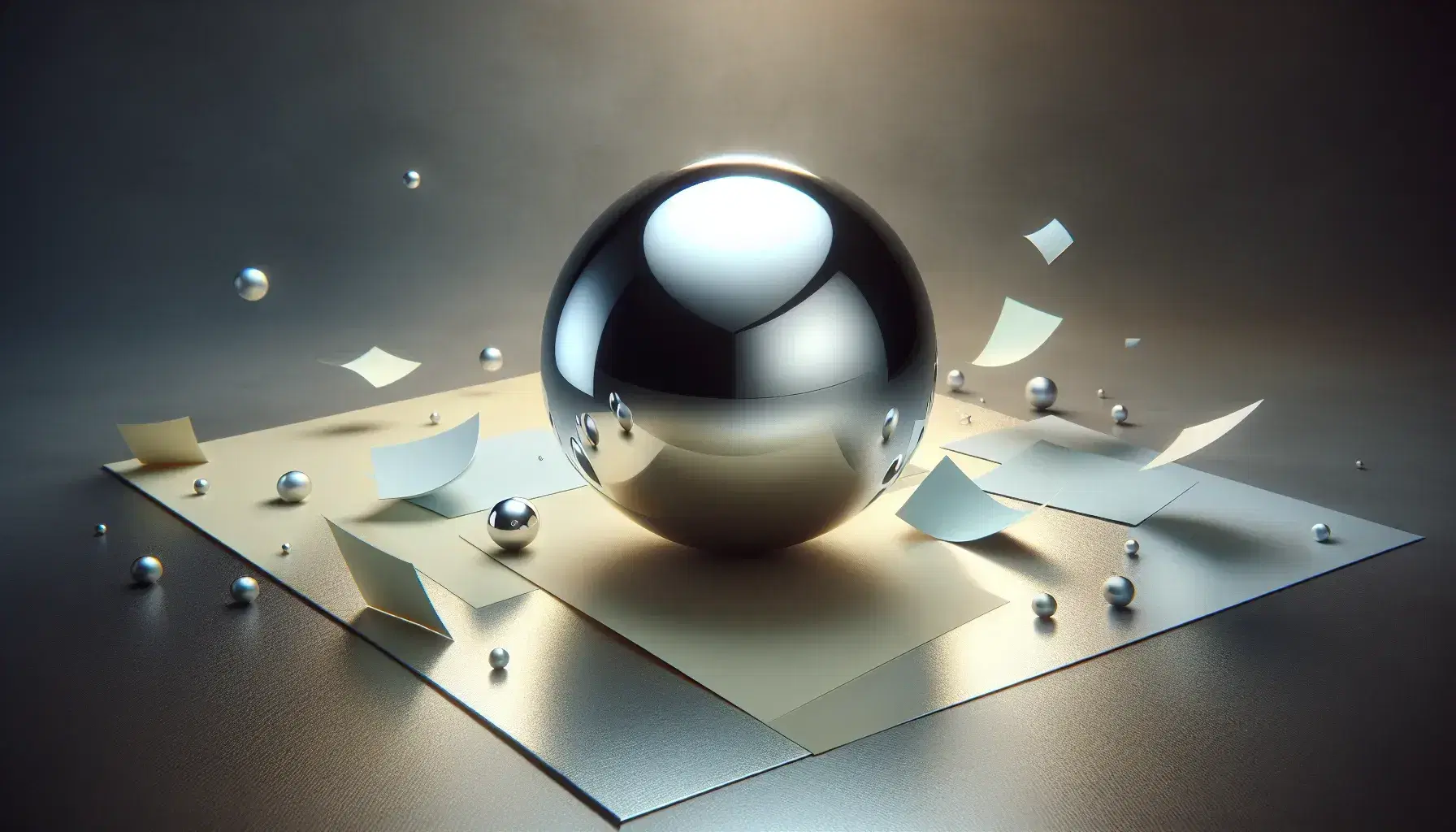 Esfera metálica pulida y reflectante en superficie oscura rodeada de papeles claros suspendidos, creando un efecto de atracción y juego de luces y sombras.