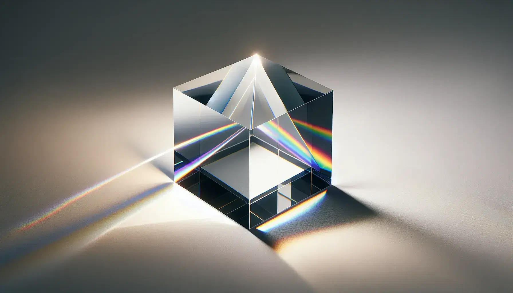 Glass prism on white surface refracting light into a color spectrum, showcasing red to violet bands, illustrating light dispersion.